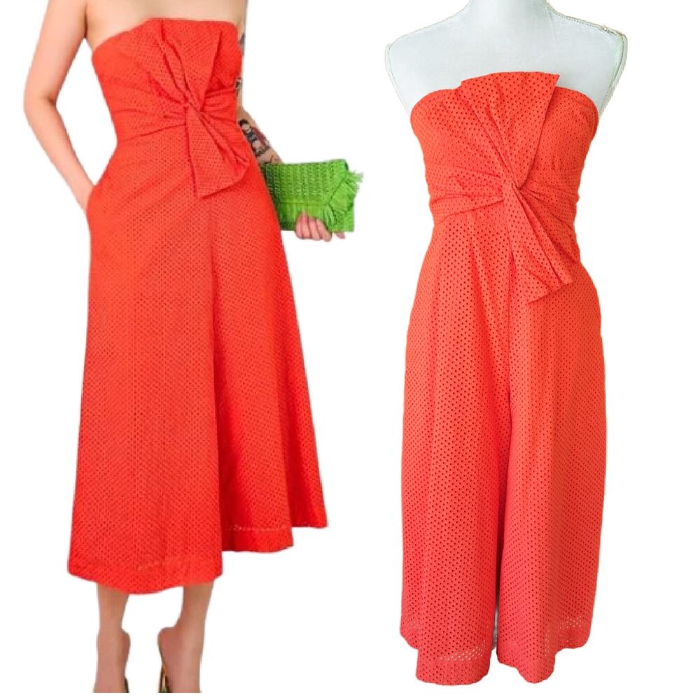 NEW Anthropologie Postcard Orange Eyelet Strapless Wide Leg Crop Jumpsuit 6 P